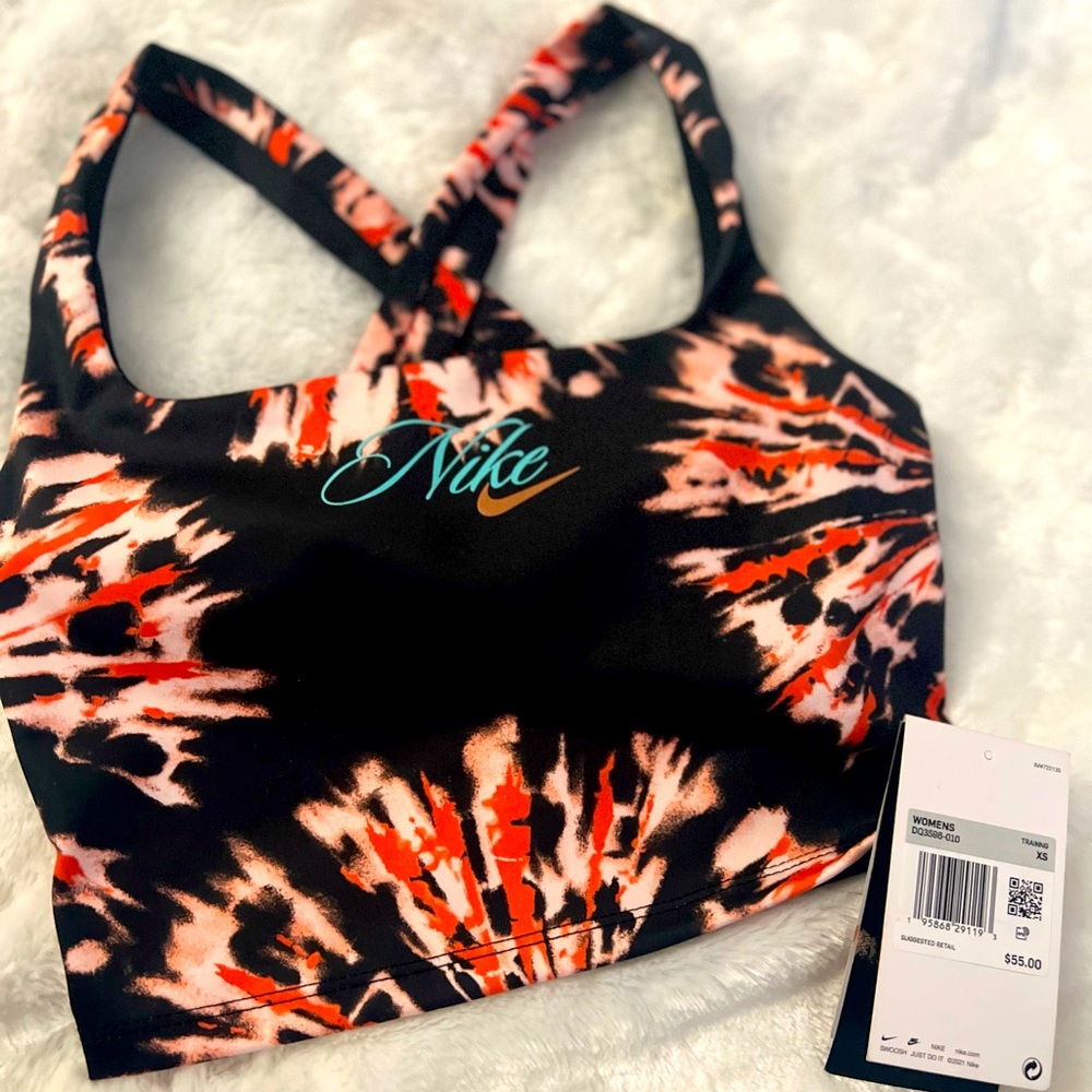 Nike One Tight Fit Training Sports Bra Swoosh Orange Black Tie Dye NWT XS